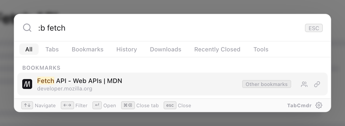 TabCmdr palette with :b fetch typed, showing the saved Fetch API bookmark in the Other bookmarks folder