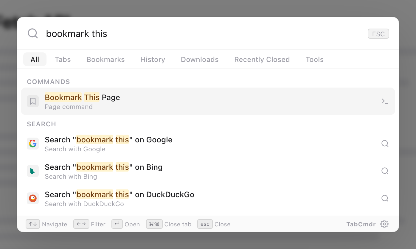 TabCmdr palette with bookmark this typed and the Bookmark This Page command highlighted