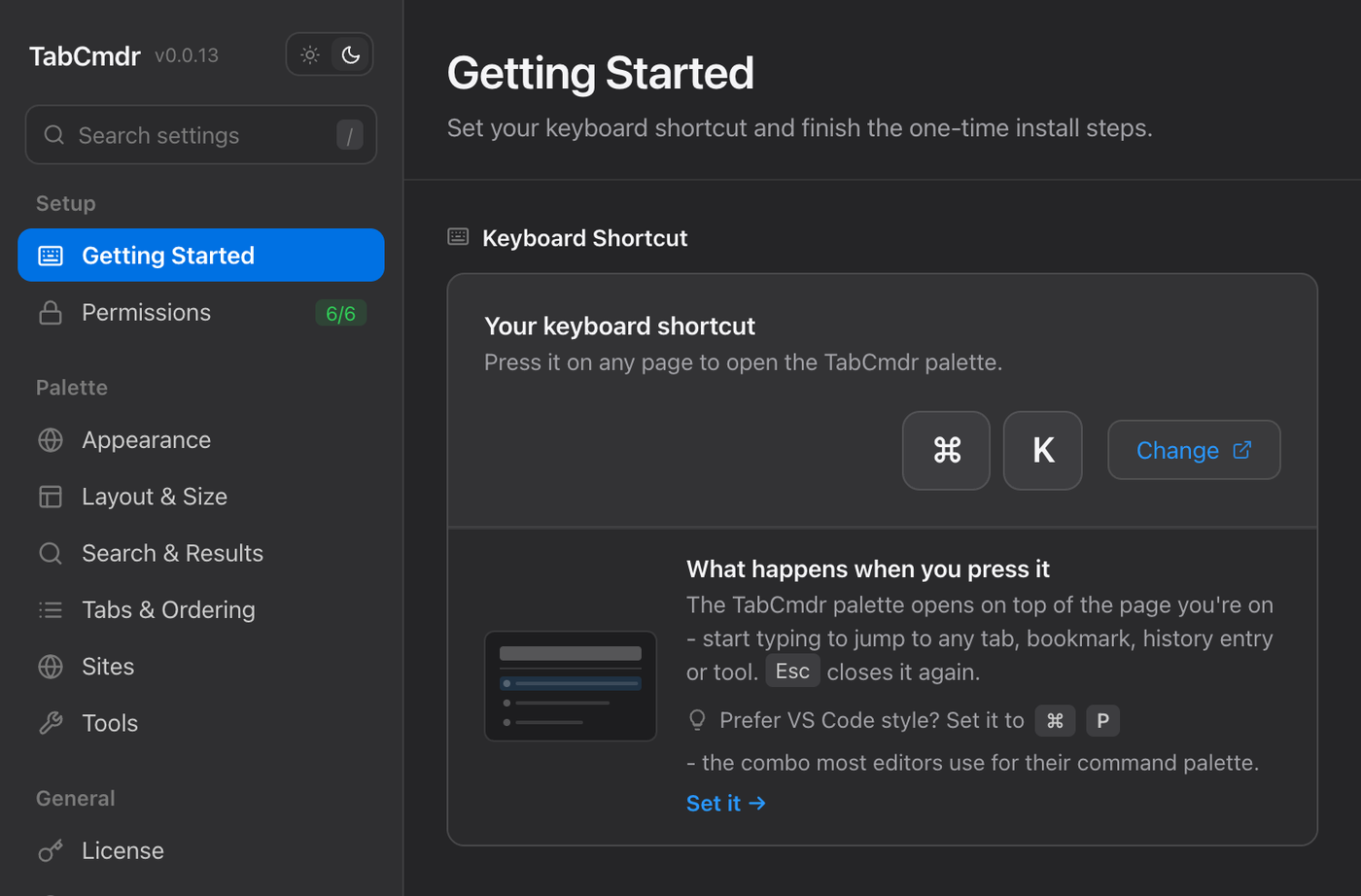 TabCmdr settings on Getting Started, with the Keyboard Shortcut card showing ⌘ K and a Change button