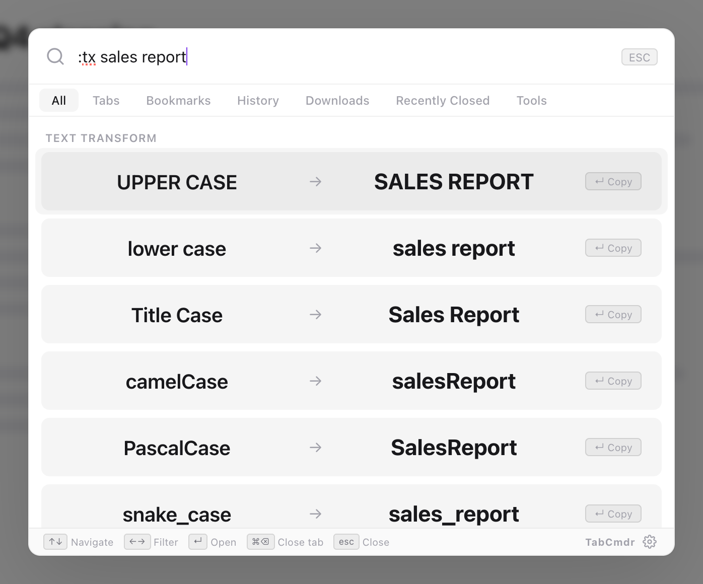 TabCmdr palette with :tx sales report typed, showing UPPER CASE, lower case, Title Case, camelCase, PascalCase and snake_case rows