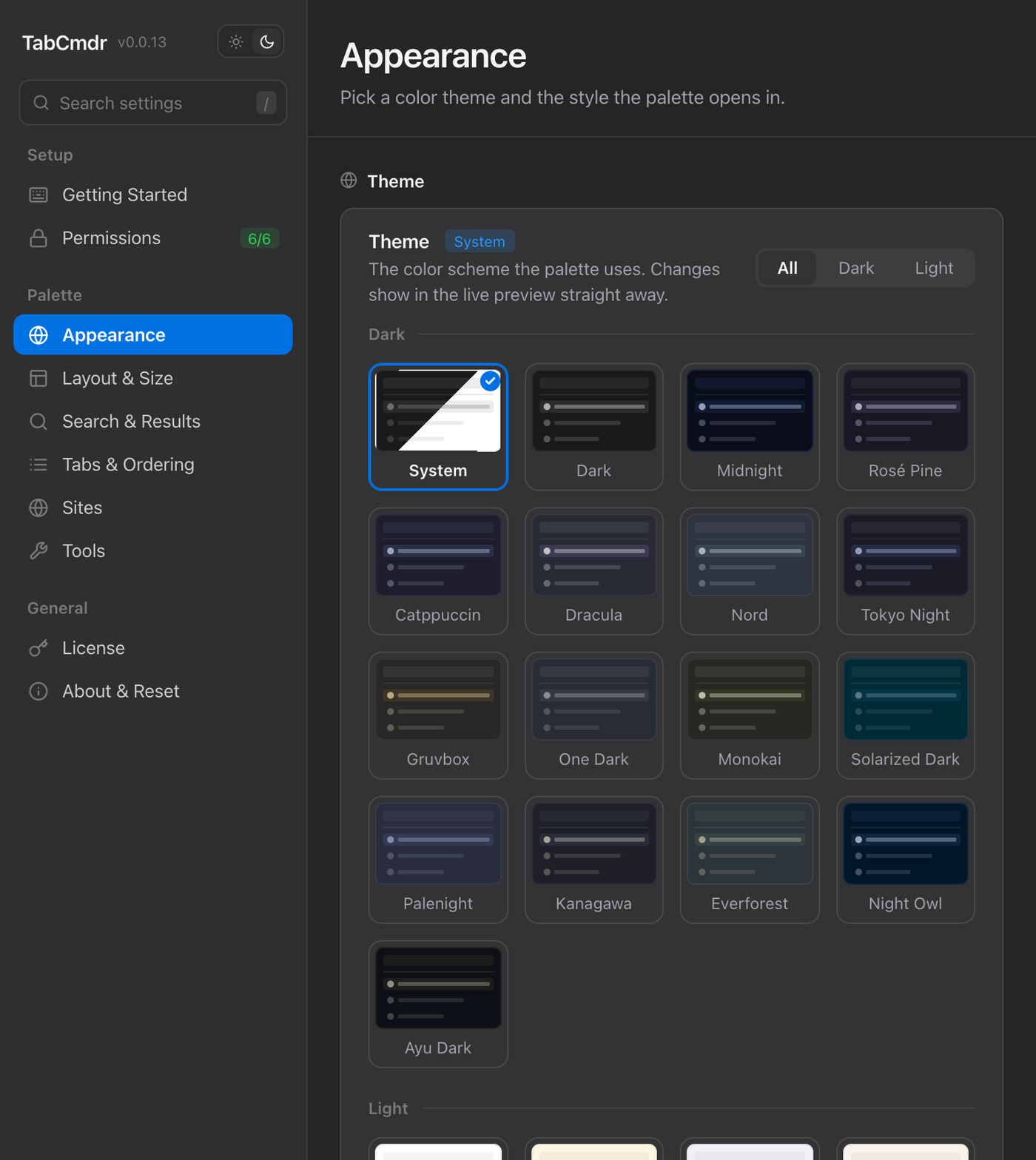 TabCmdr settings on Appearance, showing the Theme grid with System selected and the dark themes listed