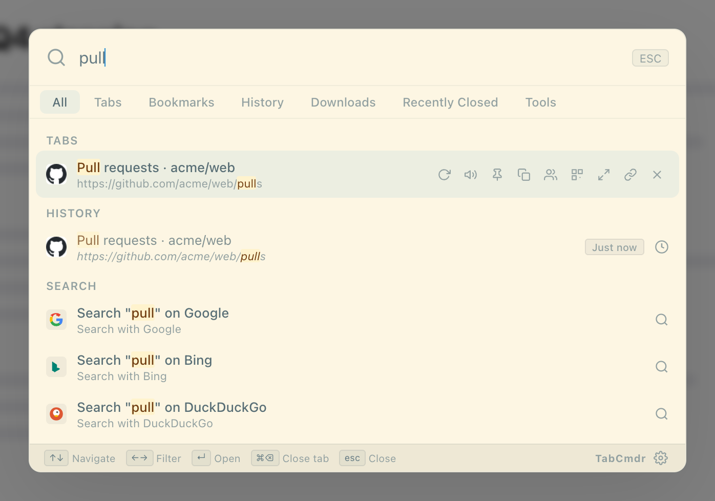 TabCmdr palette in the Solarized Light theme with results for pull