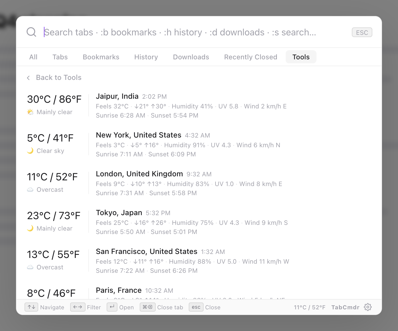 TabCmdr palette with the weather list open, showing temperature, conditions, local time, wind, sunrise and sunset for several cities