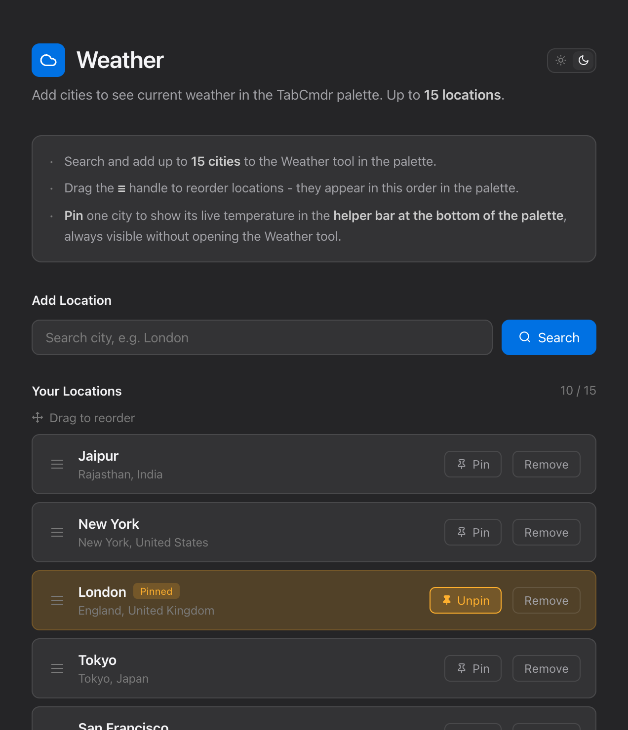 TabCmdr Weather settings with an Add Location search box and saved cities, with London pinned
