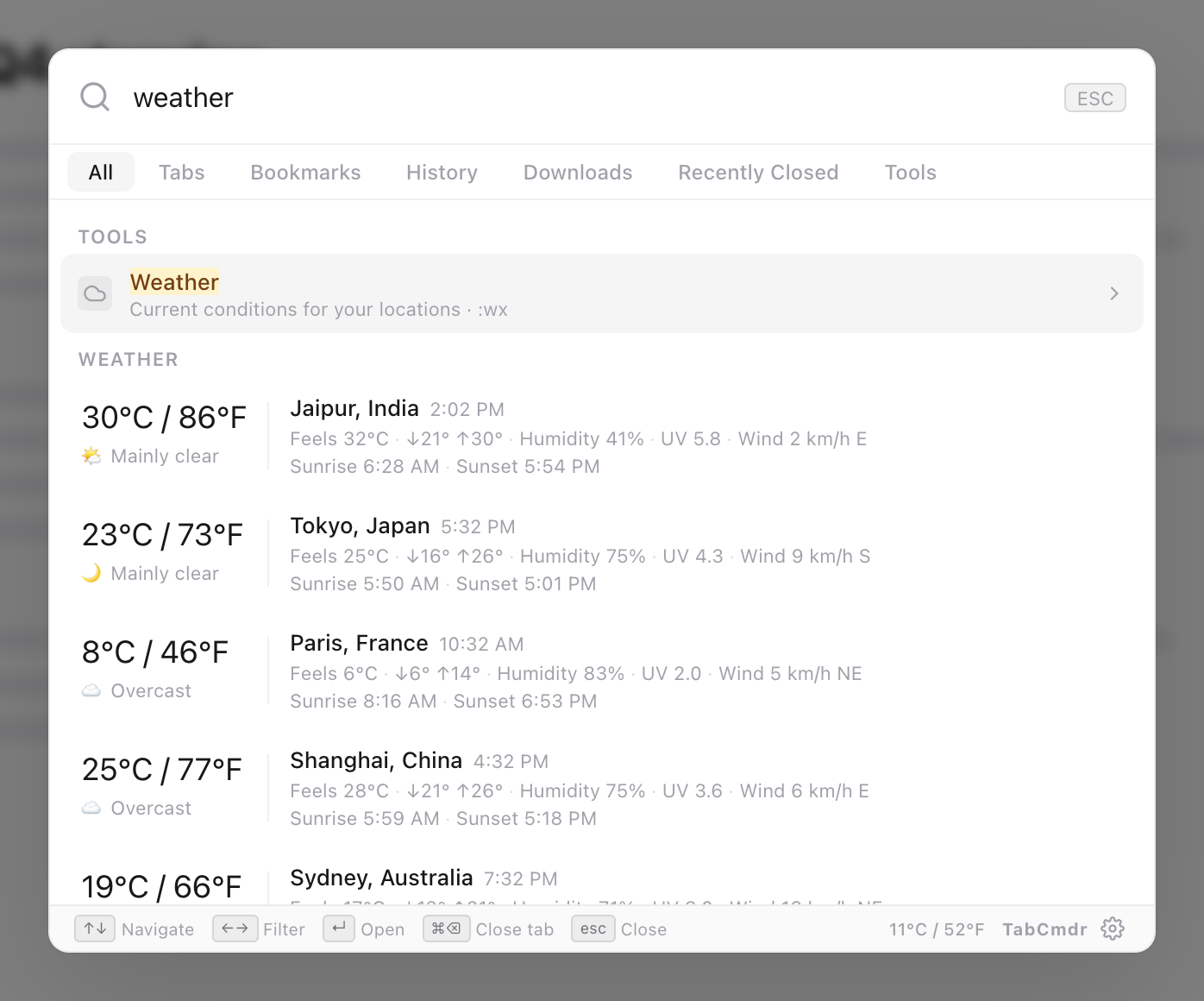 TabCmdr palette with weather typed in the normal search, showing the Weather tool and weather cards for saved cities