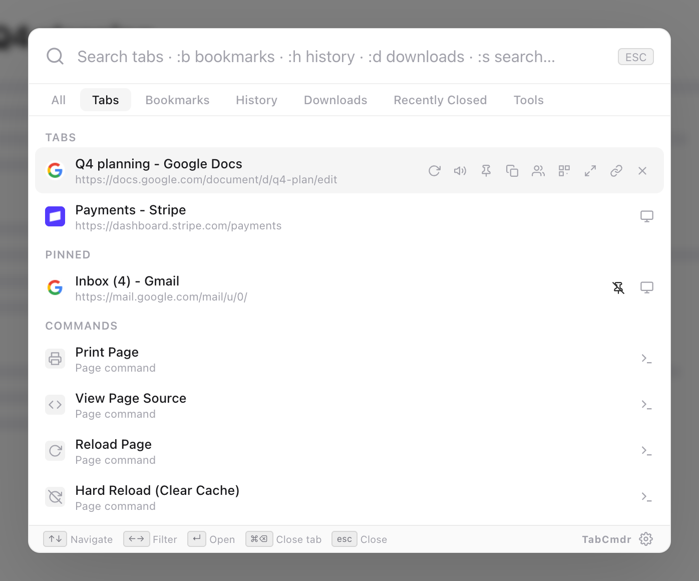 TabCmdr palette on the Tabs filter after Close Other Tabs, listing Q4 planning and Payments, with Inbox under Pinned
