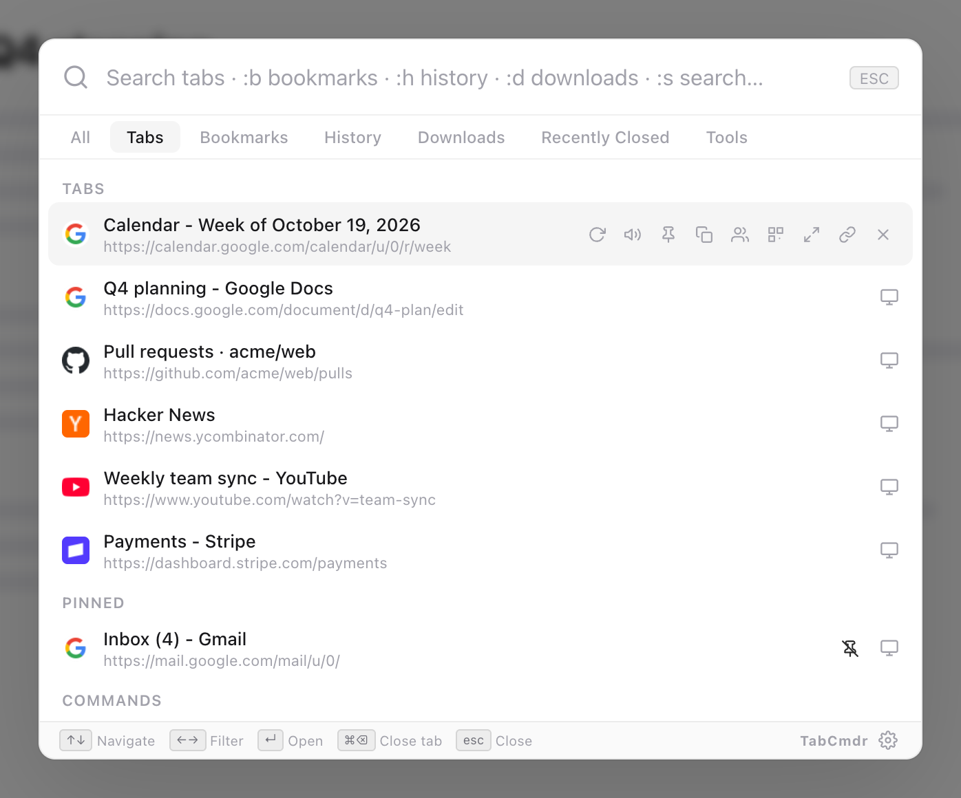 TabCmdr palette on the Tabs filter, listing Calendar, Q4 planning, Pull requests, Hacker News, YouTube and Payments, with Inbox under Pinned