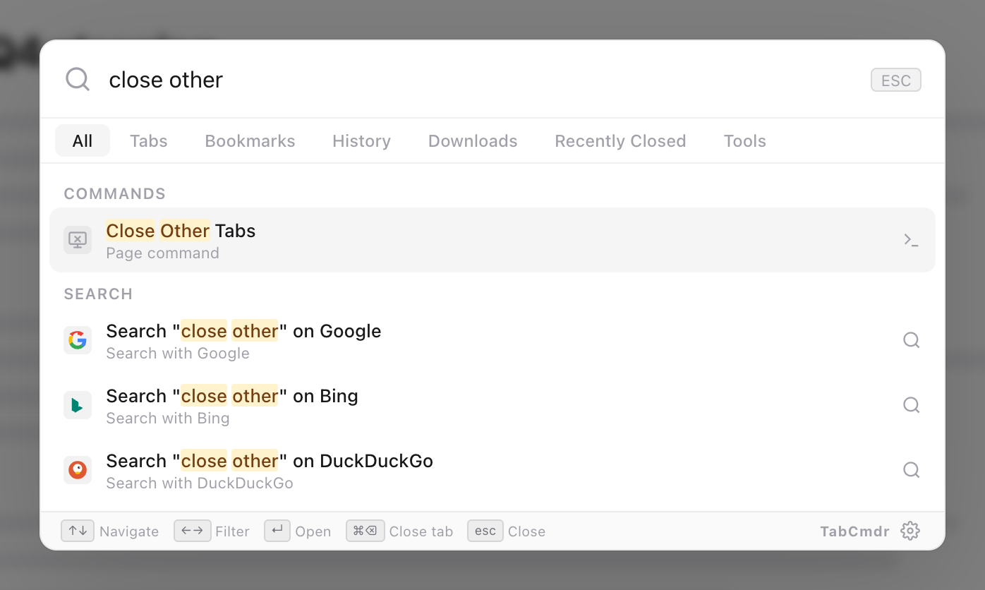 TabCmdr palette with close other typed, showing the Close Other Tabs command highlighted