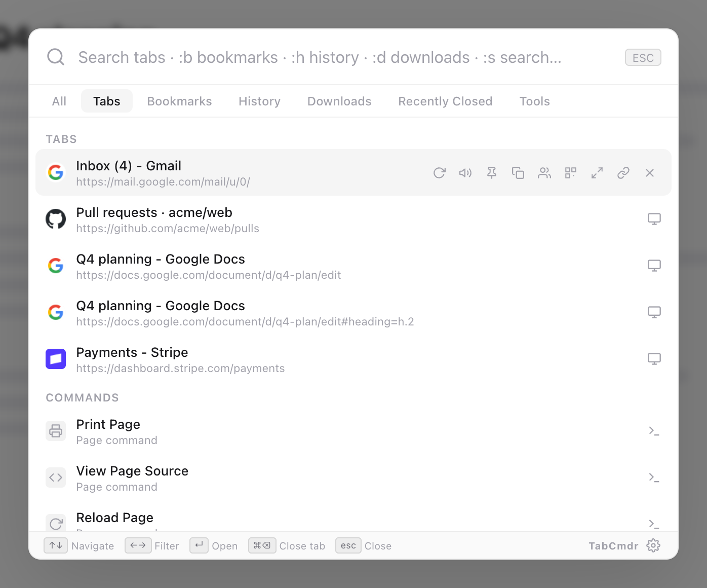 TabCmdr palette on the Tabs filter after closing duplicates, listing one copy of each page