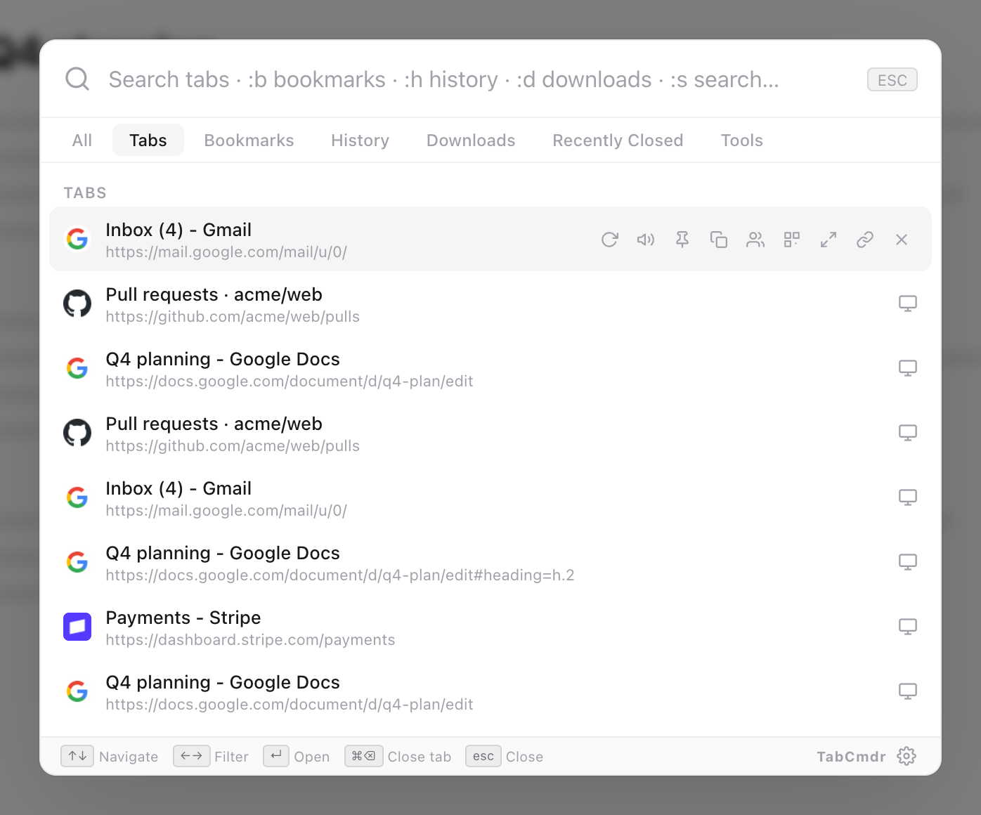 TabCmdr palette on the Tabs filter, listing Inbox and Pull requests twice and Q4 planning three times