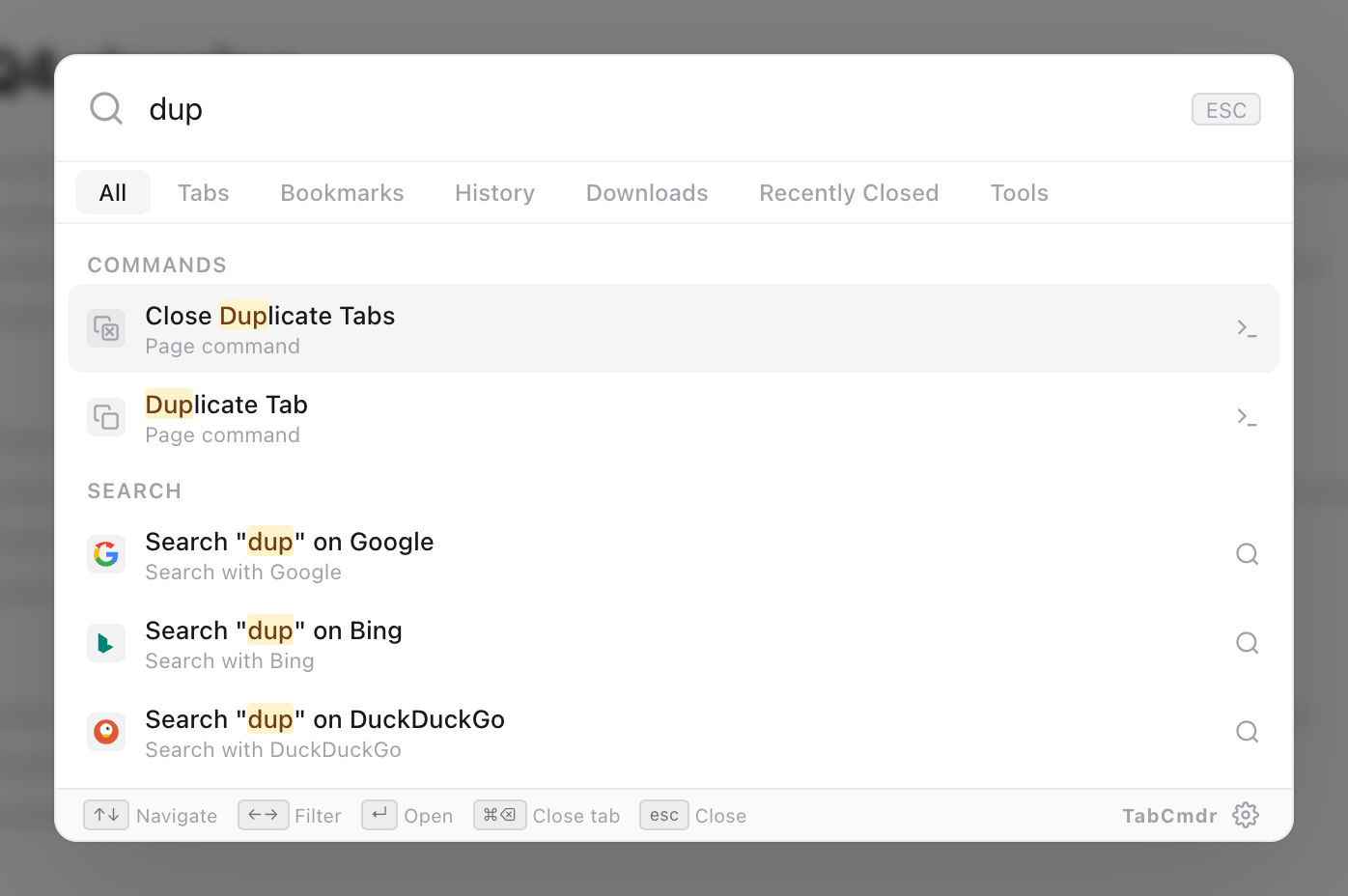 TabCmdr palette with dup typed, showing Close Duplicate Tabs highlighted above Duplicate Tab