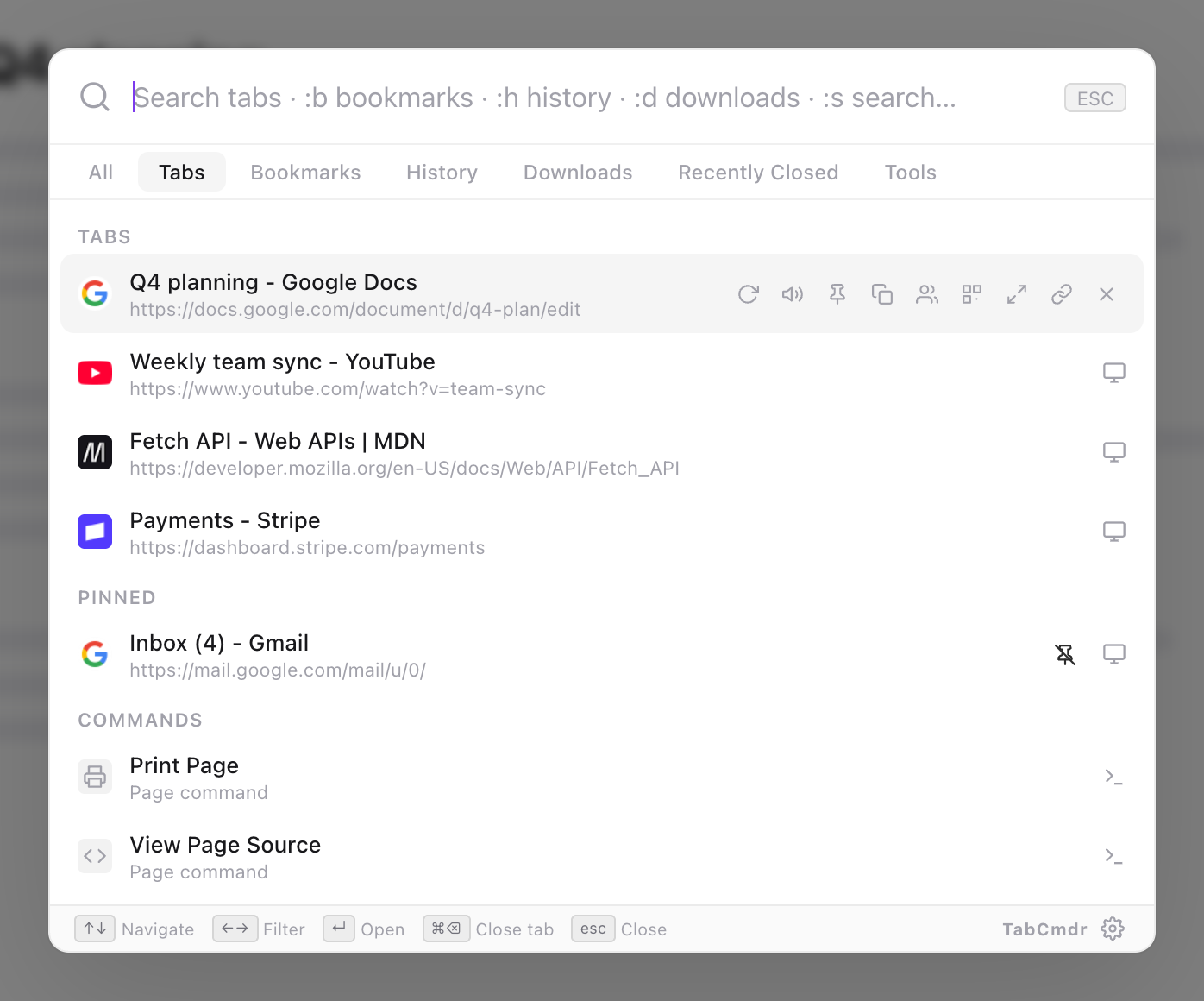 TabCmdr palette on the Tabs filter after Close Tabs to the Left, listing Q4 planning, YouTube, MDN and Payments, with Inbox under Pinned