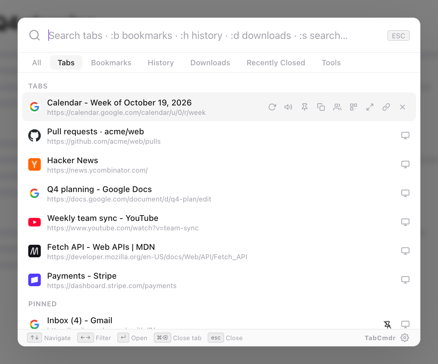 TabCmdr palette on the Tabs filter, listing Calendar, Pull requests, Hacker News, Q4 planning, YouTube, MDN and Payments, with Inbox under Pinned