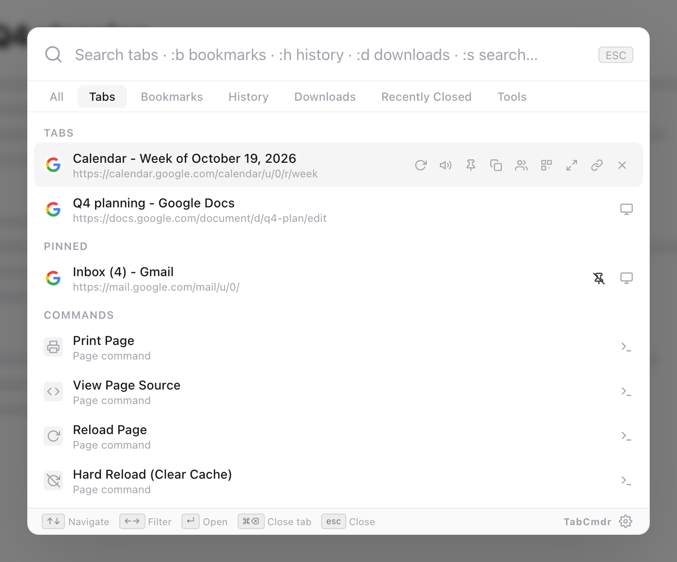 TabCmdr palette on the Tabs filter after Close Tabs to the Right, listing Calendar and Q4 planning, with Inbox under Pinned