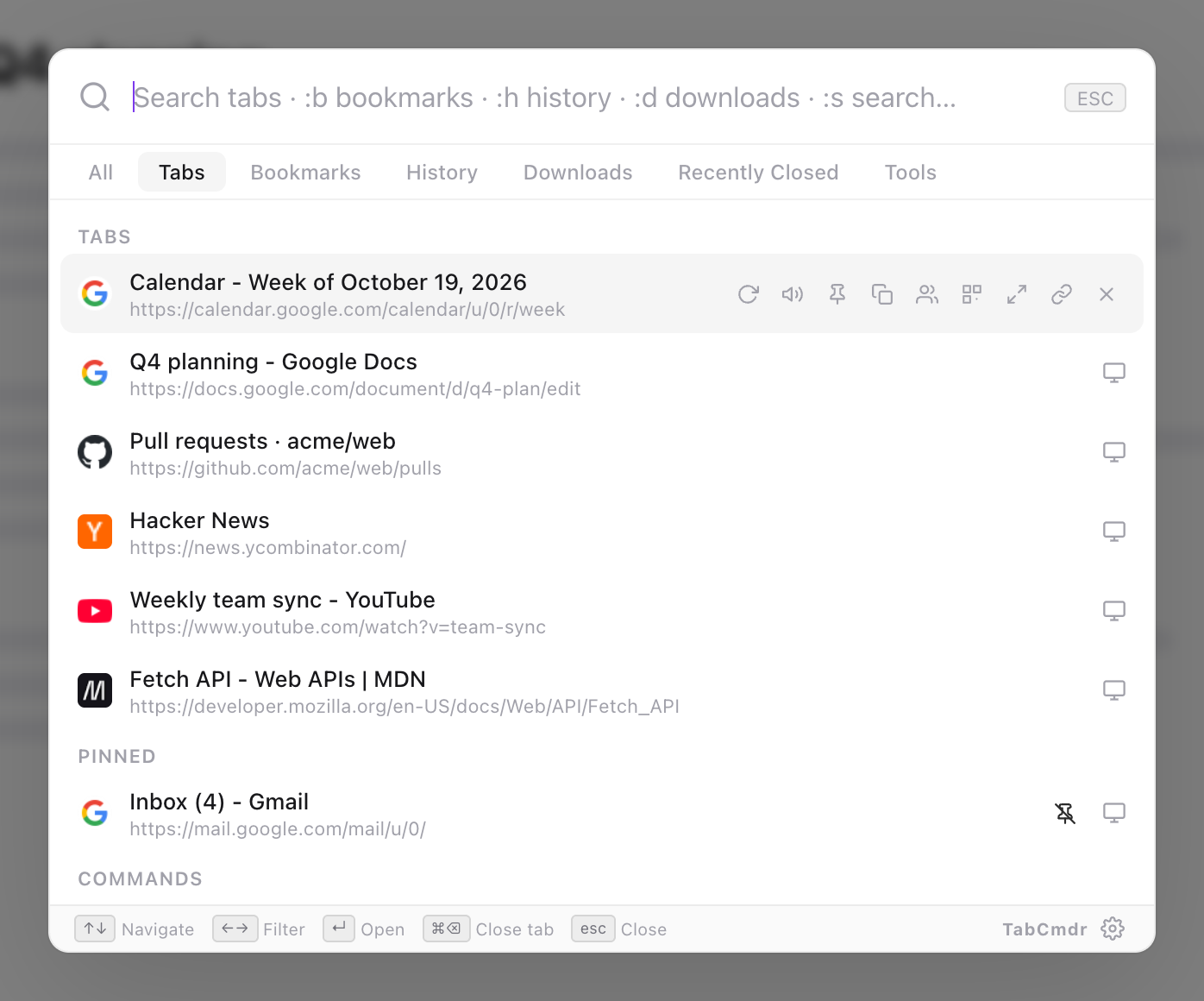 TabCmdr palette on the Tabs filter, listing Calendar, Q4 planning, Pull requests, Hacker News, YouTube and MDN, with Inbox under Pinned