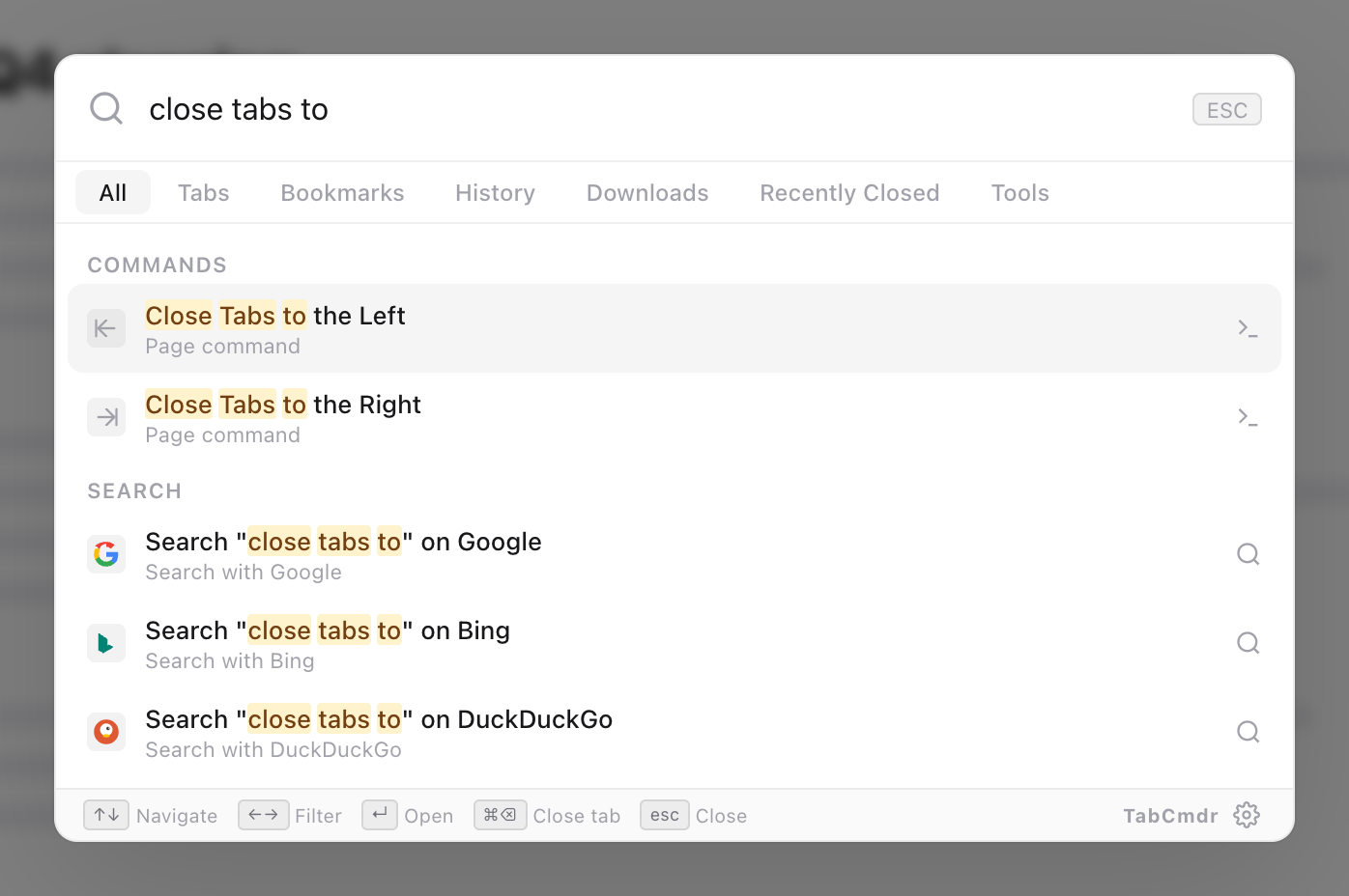 TabCmdr palette with close tabs to typed, showing Close Tabs to the Left and Close Tabs to the Right