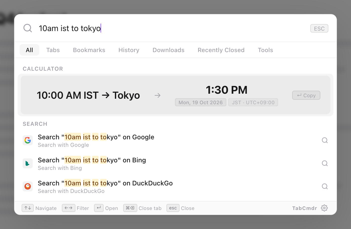 TabCmdr palette with 10am ist to tokyo typed, showing 1:30 PM, the date and JST UTC+09:00