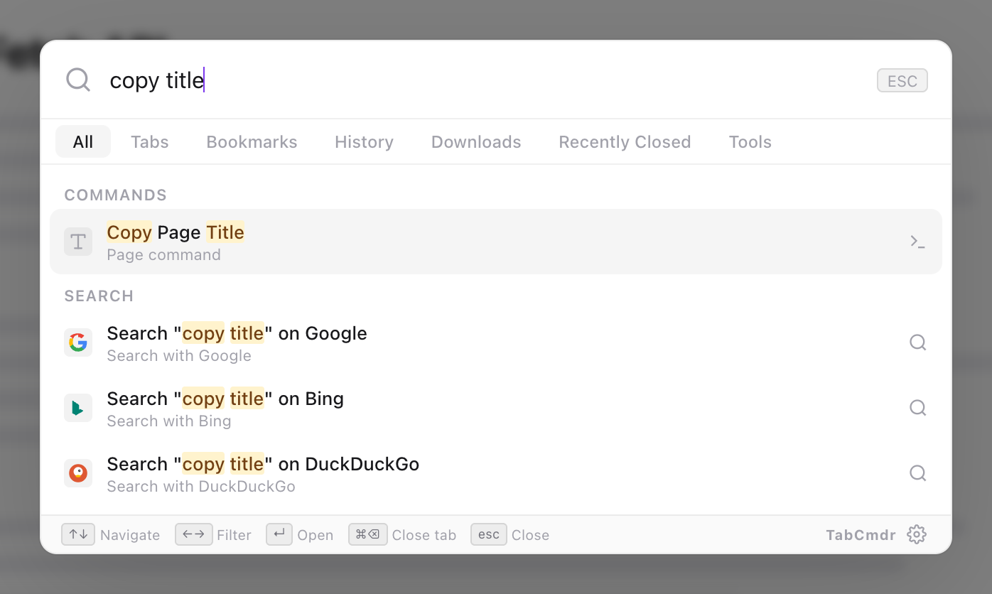 TabCmdr palette with copy title typed and the Copy Page Title command highlighted