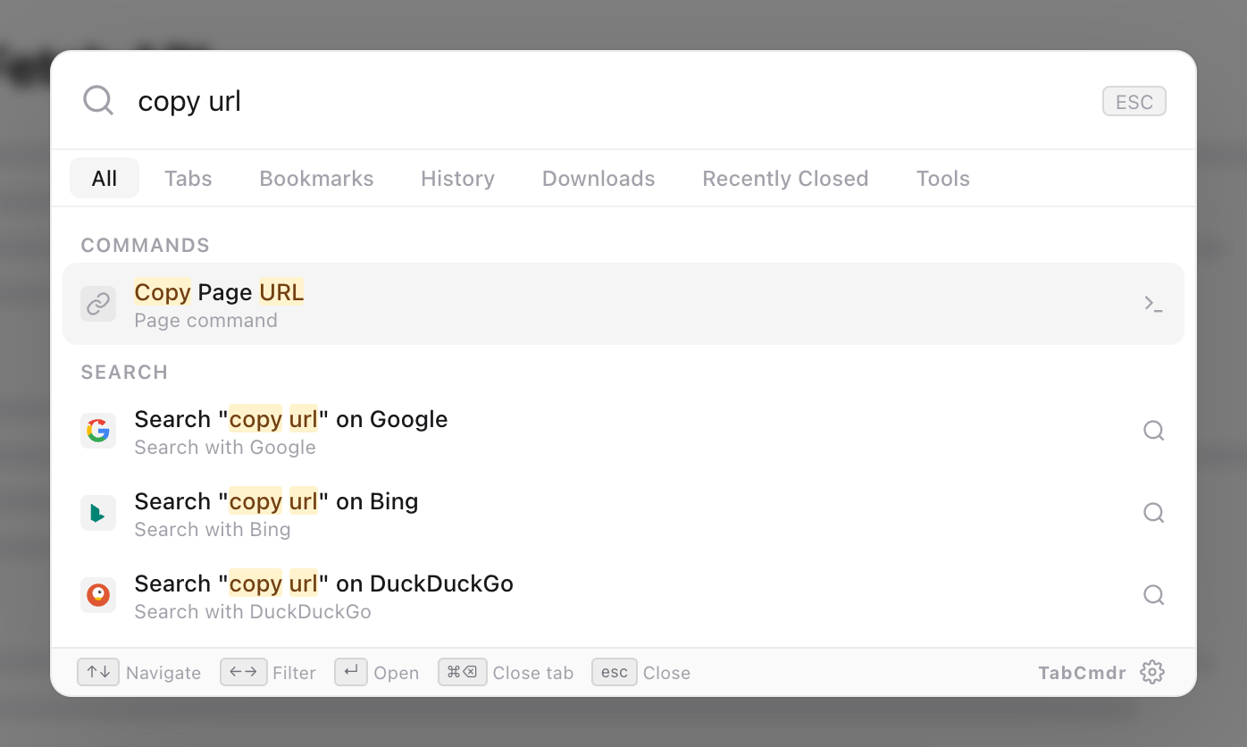 TabCmdr palette with copy url typed and the Copy Page URL command highlighted