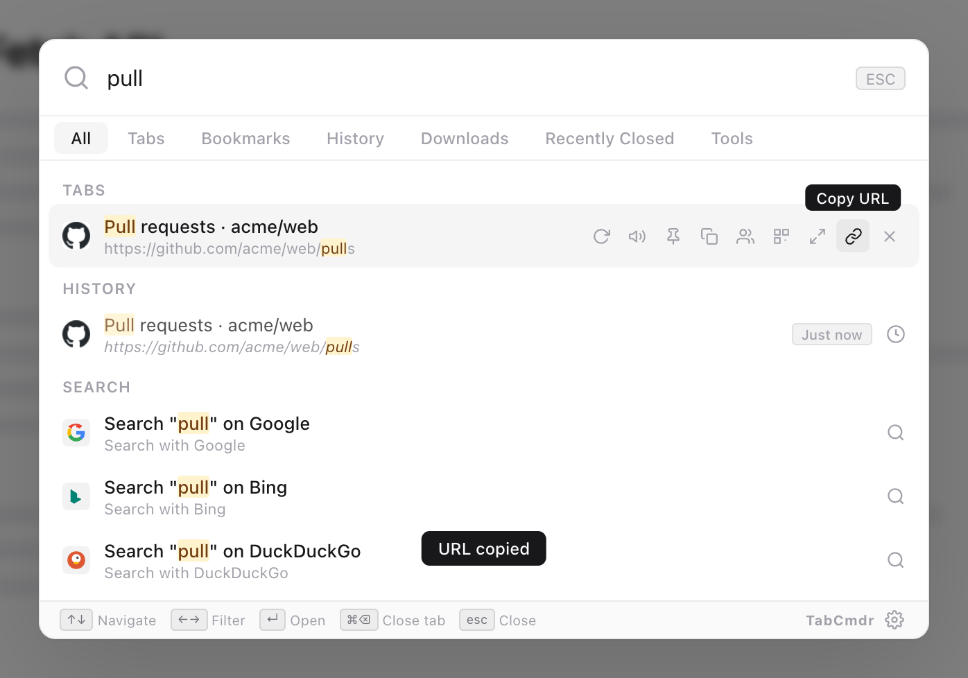 TabCmdr palette with pull typed, the GitHub tab highlighted, its Copy URL button labelled and a URL copied message