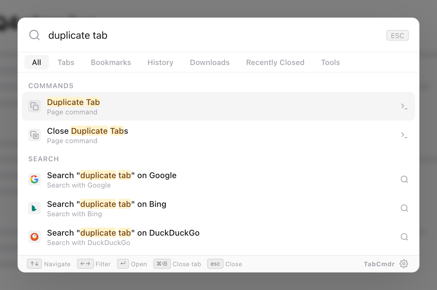 TabCmdr palette with duplicate tab typed, showing the Duplicate Tab and Close Duplicate Tabs commands