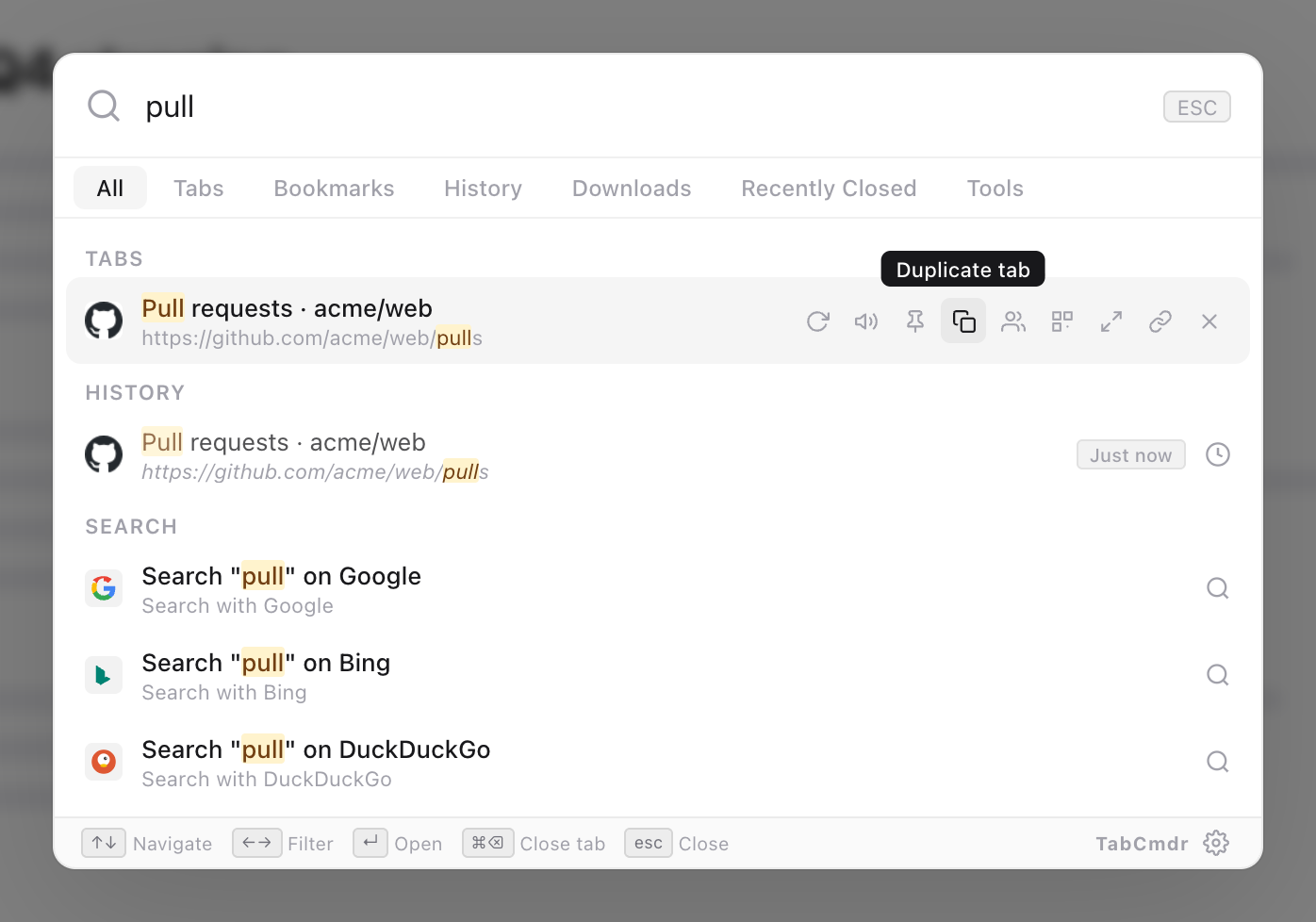 TabCmdr palette with pull typed and the pointer on the Duplicate tab button of the Pull requests tab's row