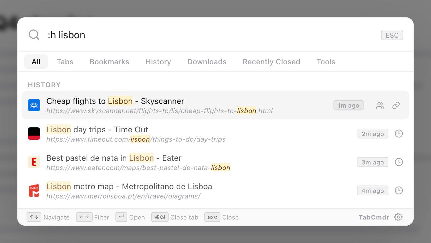TabCmdr palette with :h lisbon typed, listing four pages from history with how long ago each was visited