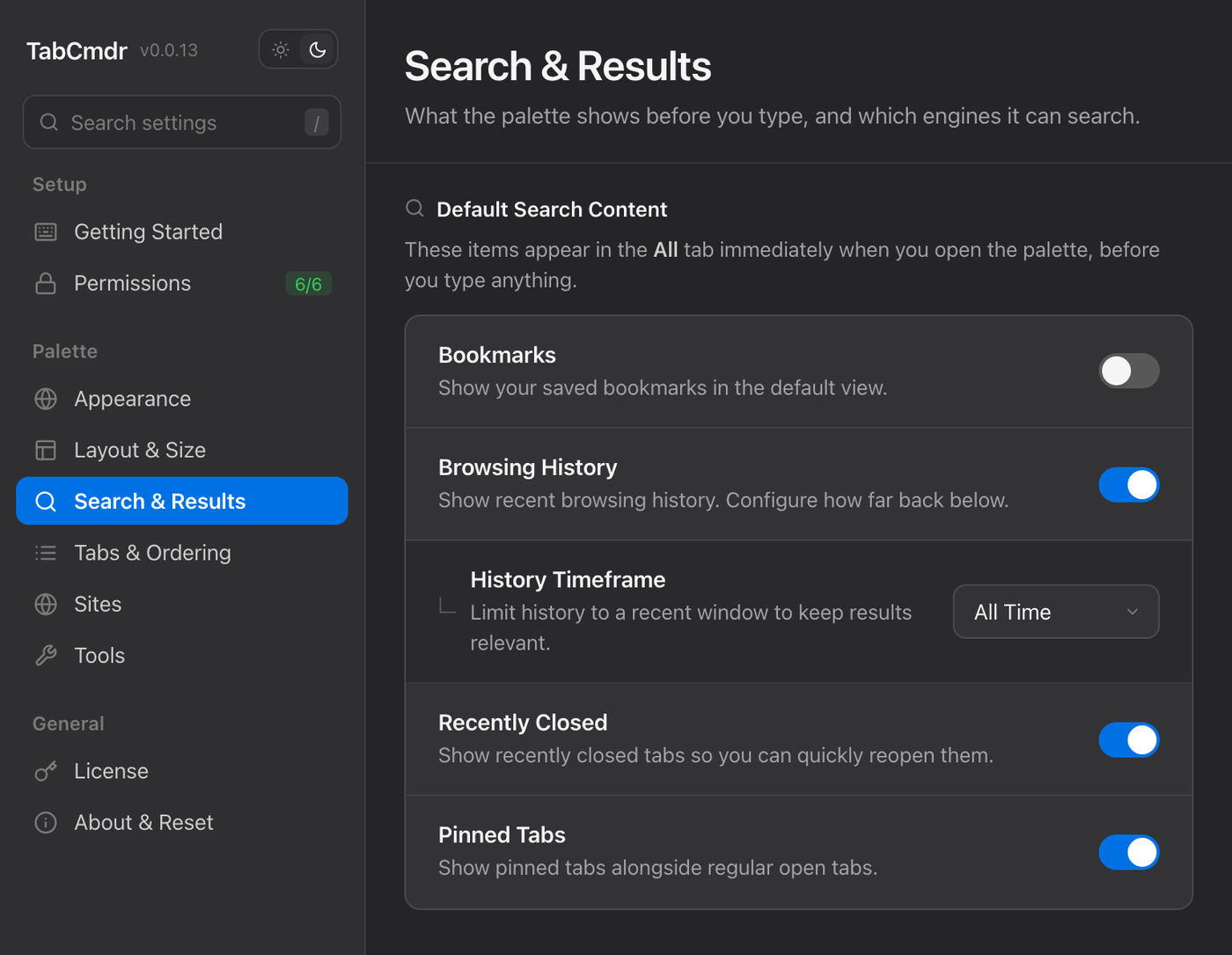 TabCmdr settings, Search and Results pane, with History Timeframe set to All Time