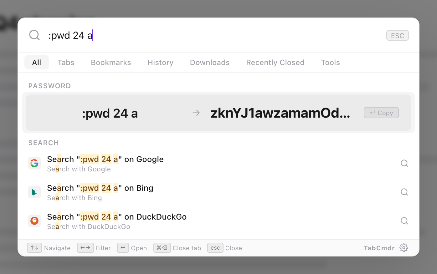 TabCmdr palette with :pwd 24 a typed, showing a password of letters and digits