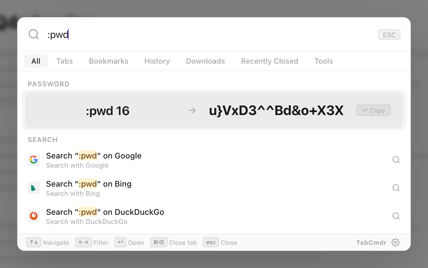 TabCmdr palette with :pwd typed, showing a 16-character password row labelled :pwd 16 with a Copy hint