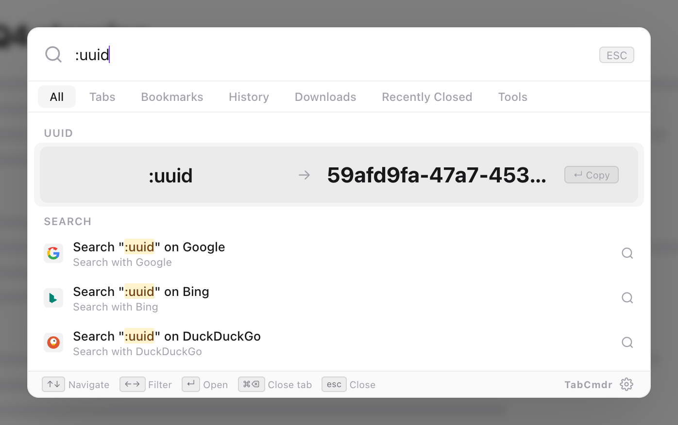 TabCmdr palette with :uuid typed, showing a new UUID row with a Copy hint above web search options