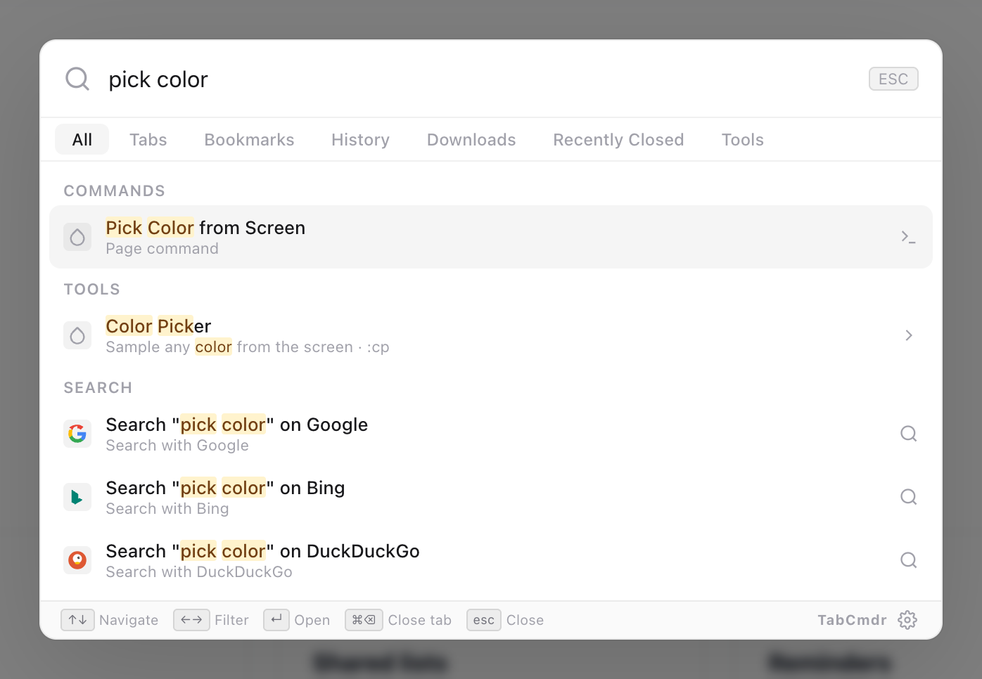 TabCmdr palette with pick color typed, showing the Pick Color from Screen command and the Color Picker tool