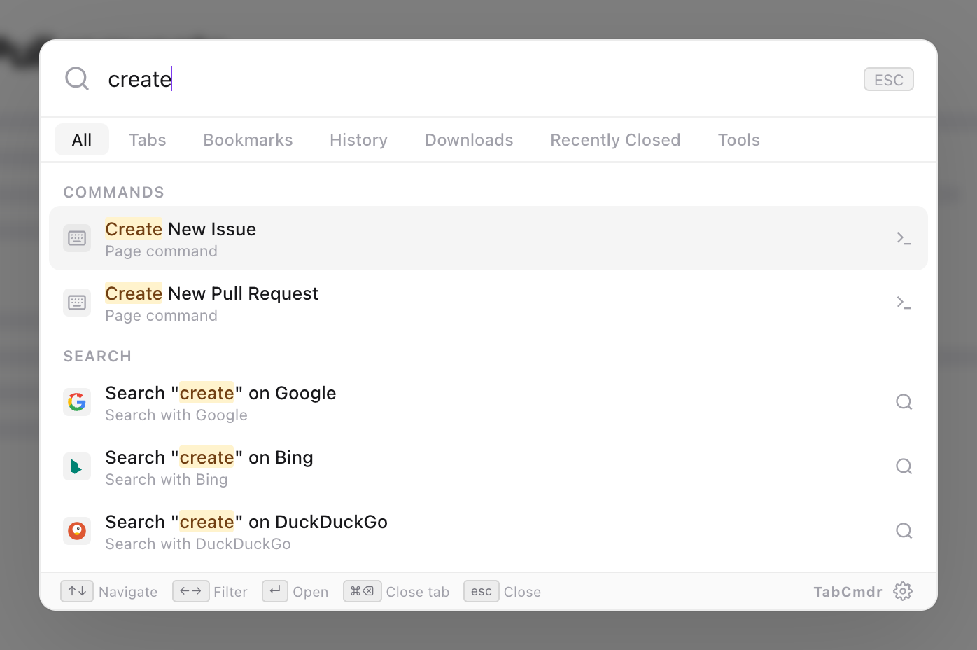 TabCmdr palette on GitHub with create typed, showing Create New Issue and Create New Pull Request