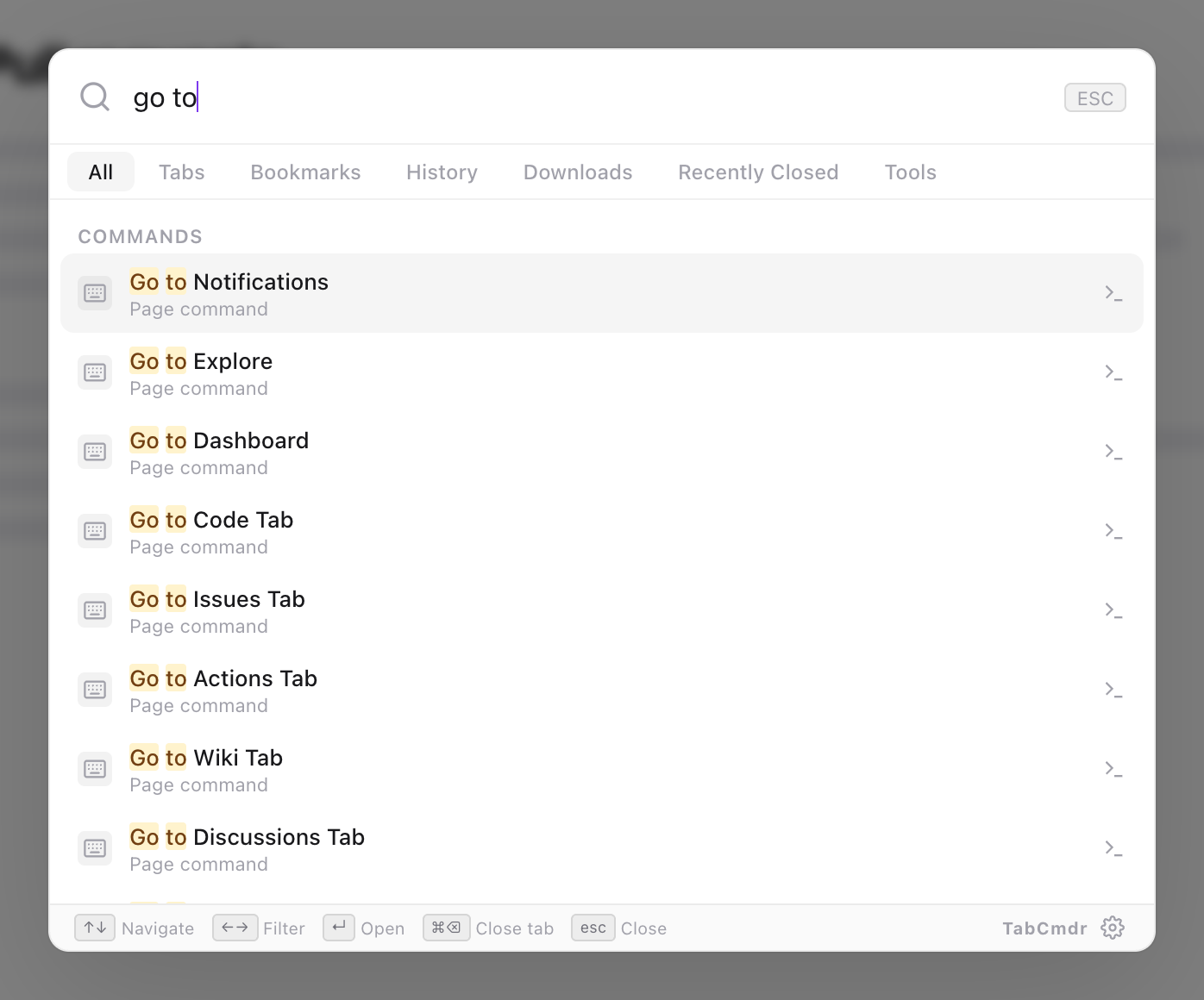 TabCmdr palette on GitHub with go to typed, listing Go to Notifications, Go to Explore, Go to Dashboard, Go to Code Tab, Go to Issues Tab and more