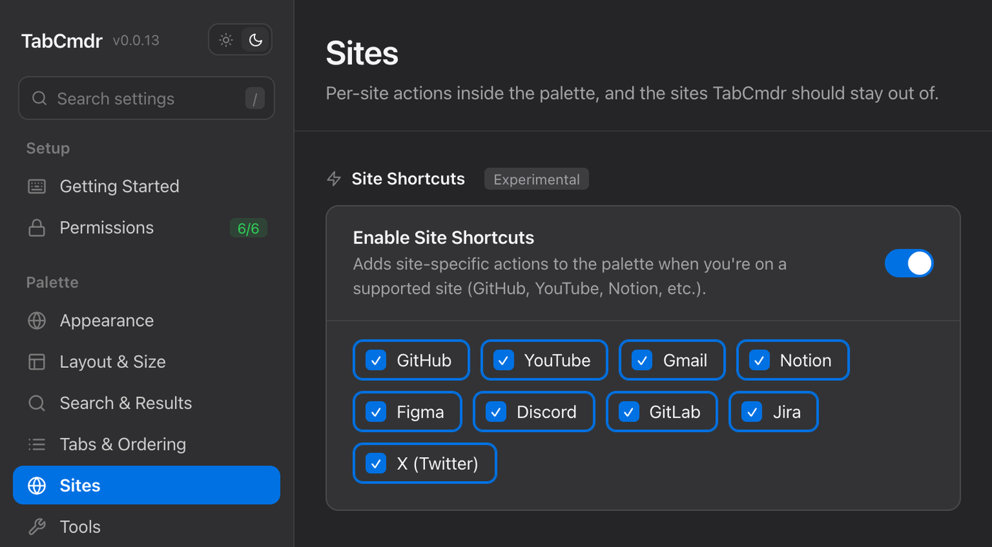 TabCmdr settings, Sites pane, Site Shortcuts section with Enable Site Shortcuts on and GitHub, YouTube, Gmail, Notion, Figma, Discord, GitLab, Jira and X ticked