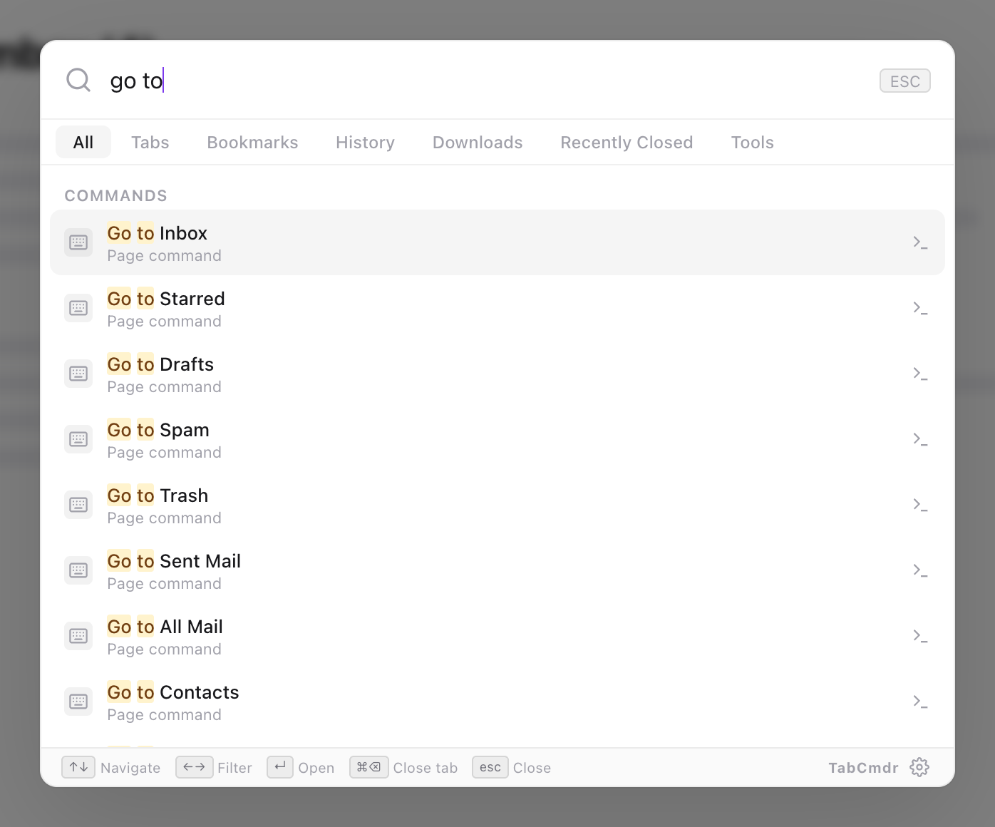 TabCmdr palette on Gmail with go to typed, listing Go to Inbox, Go to Starred, Go to Drafts, Go to Spam, Go to Trash, Go to Sent Mail, Go to All Mail and Go to Contacts