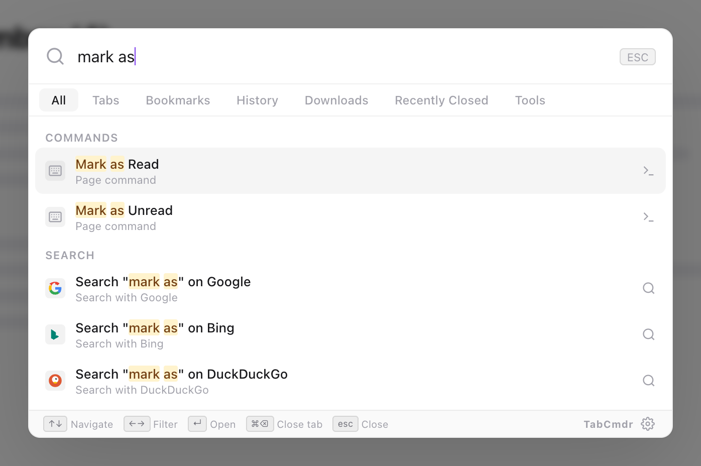TabCmdr palette on Gmail with mark as typed, showing Mark as Read and Mark as Unread