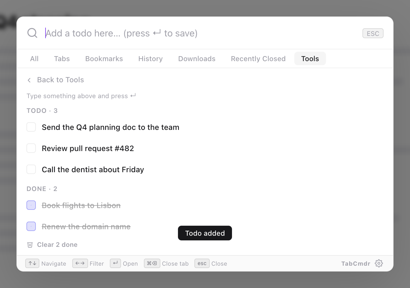 TabCmdr to-do list with Call the dentist about Friday added as the third open task and a Todo added message