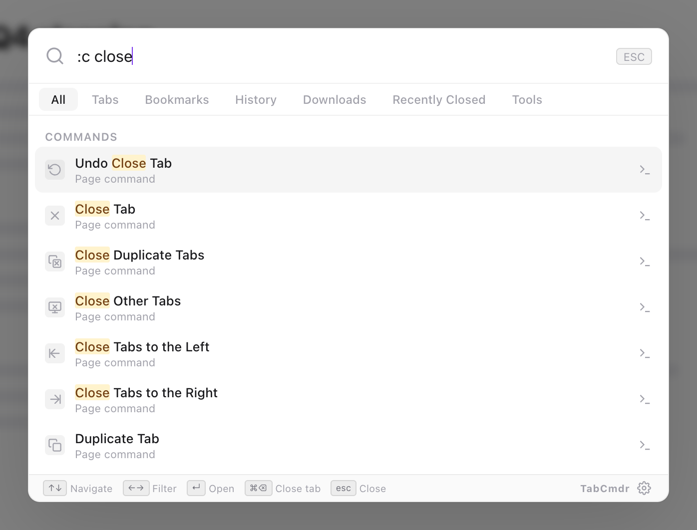 TabCmdr palette with :c close typed, listing Undo Close Tab, Close Tab, Close Duplicate Tabs, Close Other Tabs, Close Tabs to the Left and Close Tabs to the Right