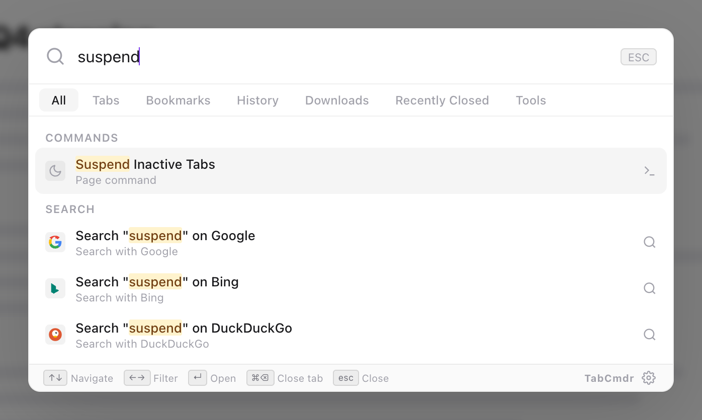 TabCmdr palette with suspend typed and the Suspend Inactive Tabs command highlighted under Commands
