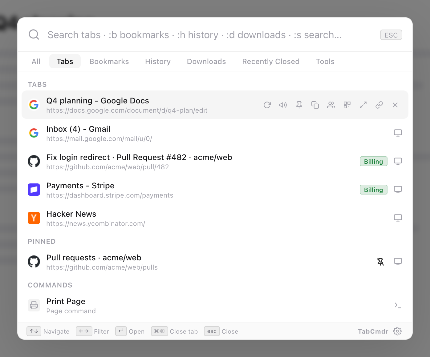 TabCmdr palette on the Tabs filter after merging, listing six tabs in one window, two with a Billing group label, and Pull requests under Pinned