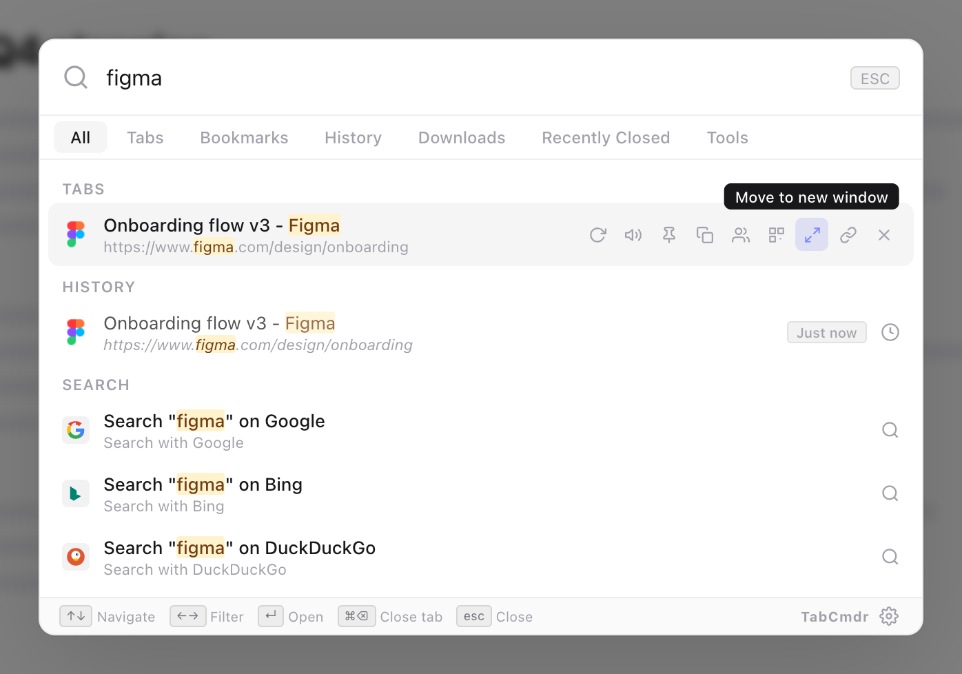 TabCmdr palette with figma typed and the pointer on the Move to new window button of the Figma tab's row