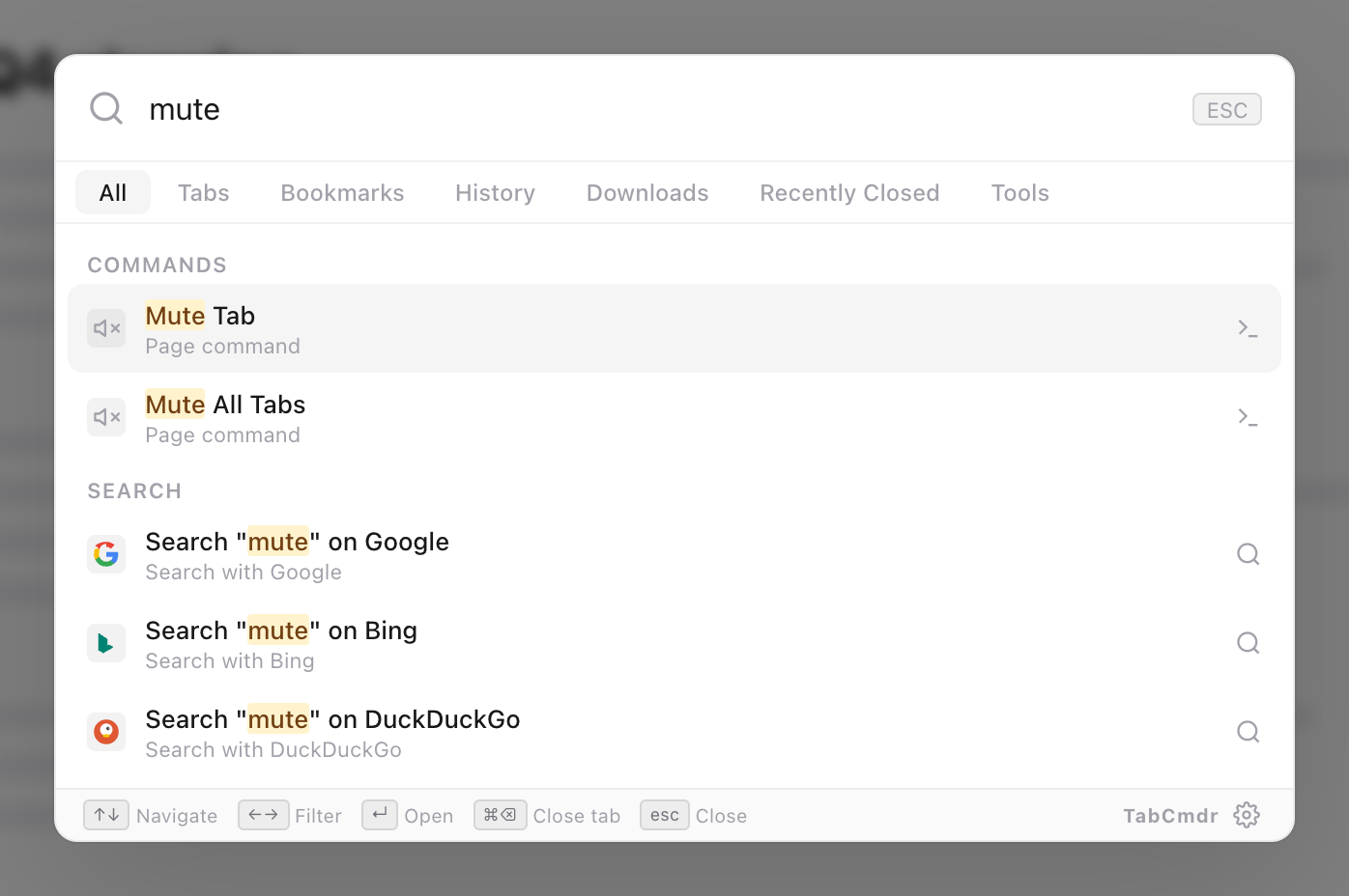 TabCmdr palette with mute typed, listing the Mute Tab and Mute All Tabs commands