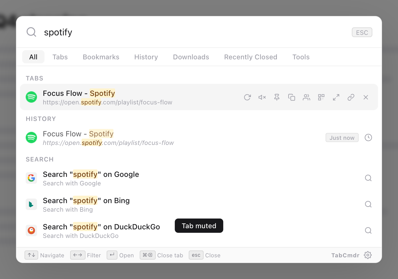 TabCmdr palette with spotify typed, the Spotify tab highlighted with a crossed-out speaker button and a Tab muted message