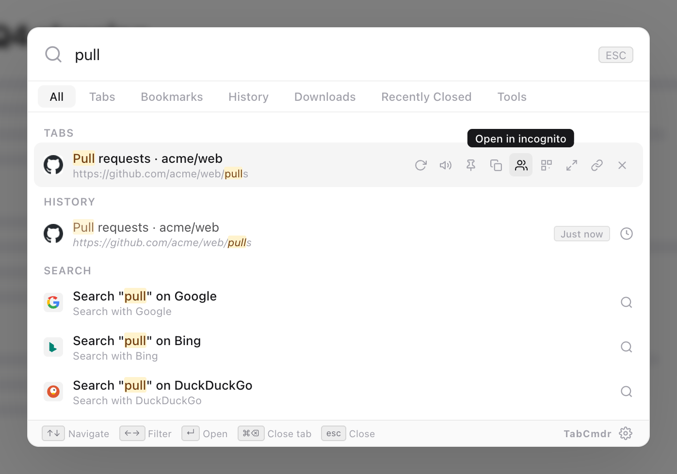 TabCmdr palette with pull typed and the pointer on the Open in incognito button of the Pull requests tab's row