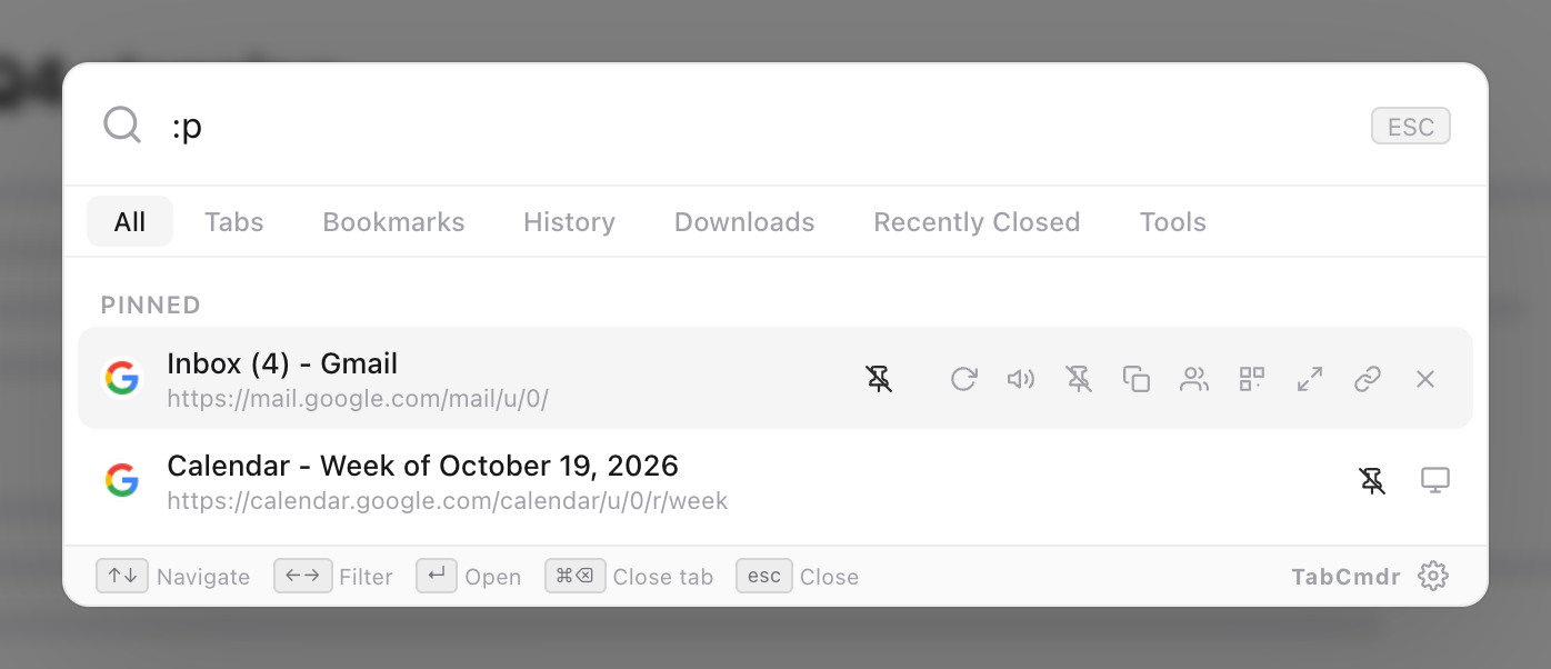 TabCmdr palette with :p typed, listing the pinned Gmail and Calendar tabs under a Pinned heading