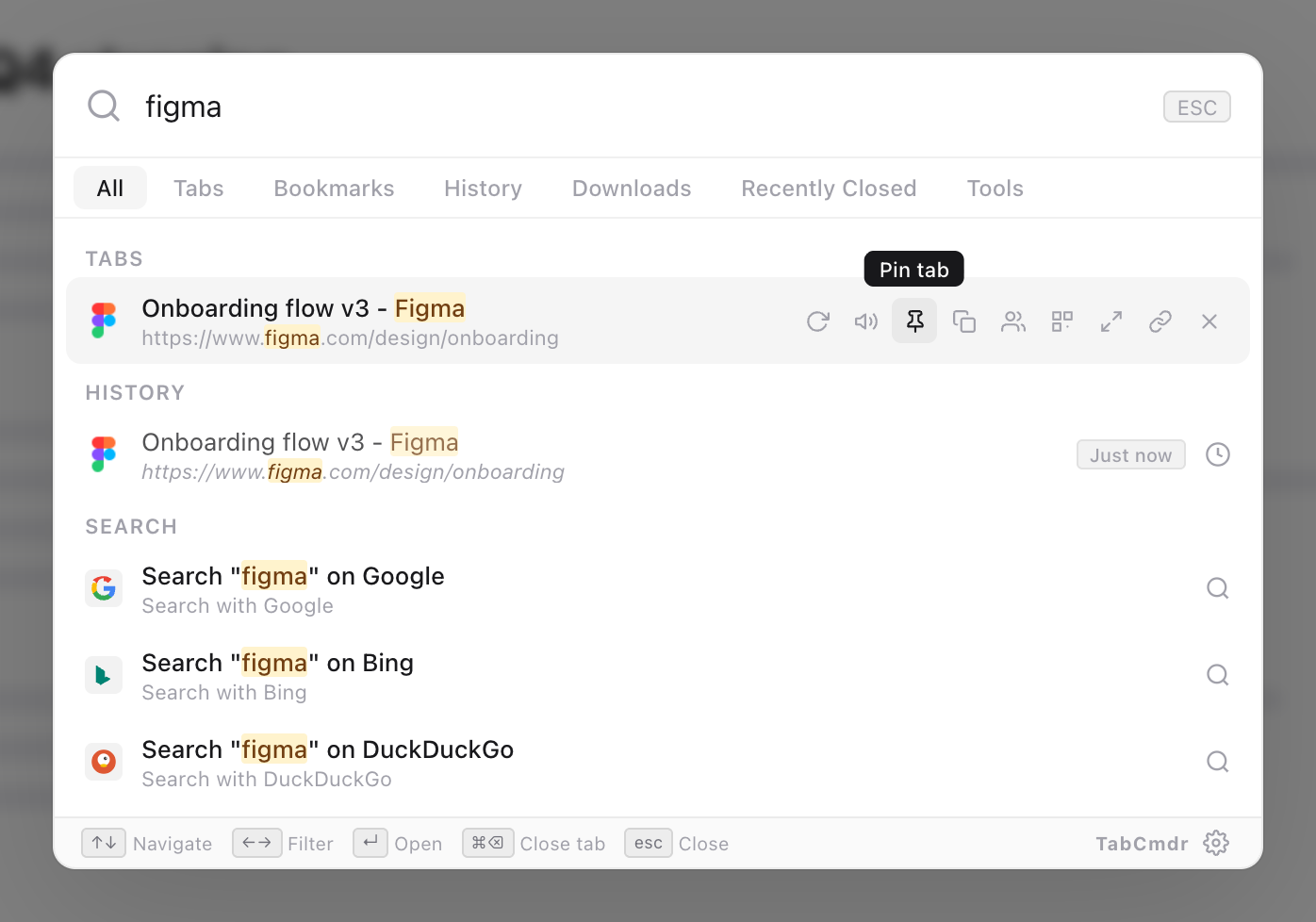 TabCmdr palette with figma typed and the pointer on the Pin tab button of the Figma tab's row