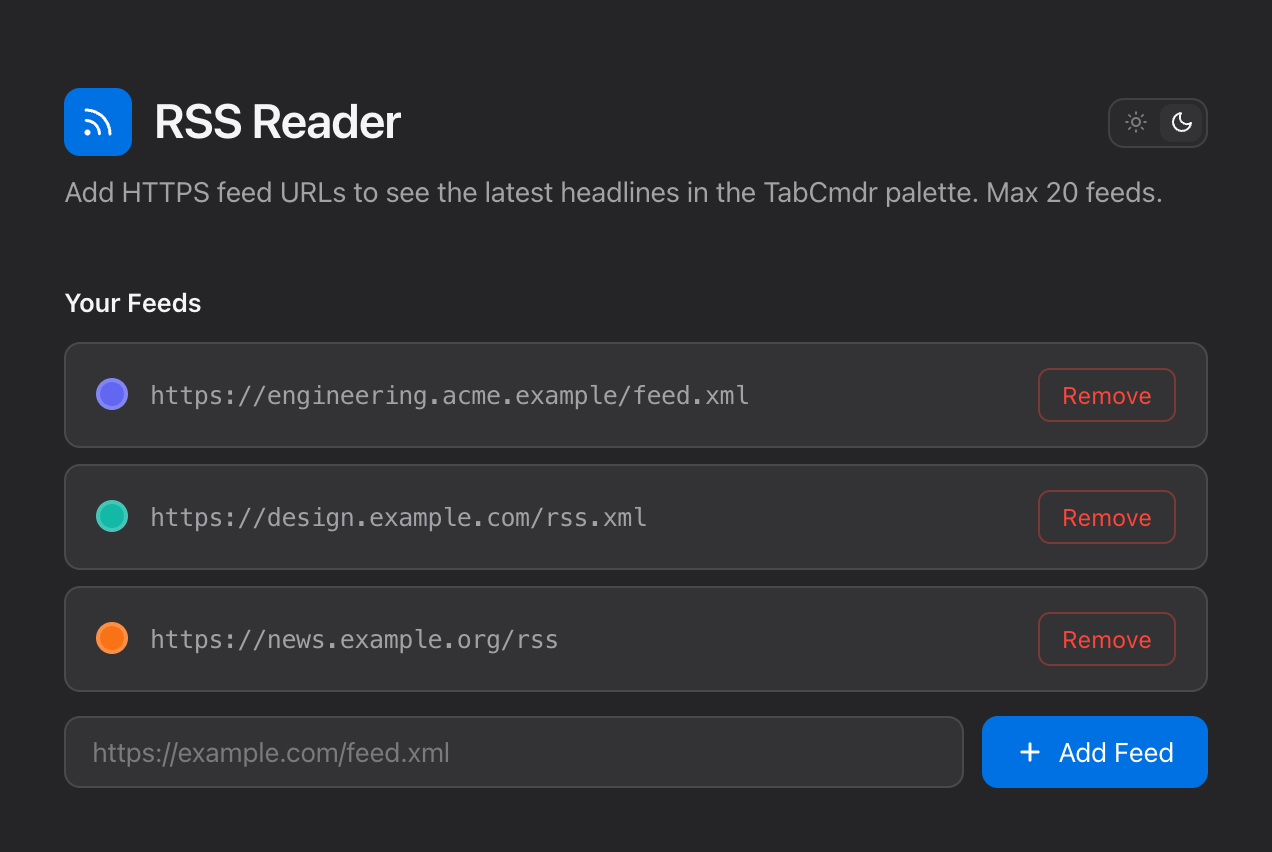 TabCmdr RSS Reader settings with three feed addresses, each with a colored dot and a Remove button, and an Add Feed box