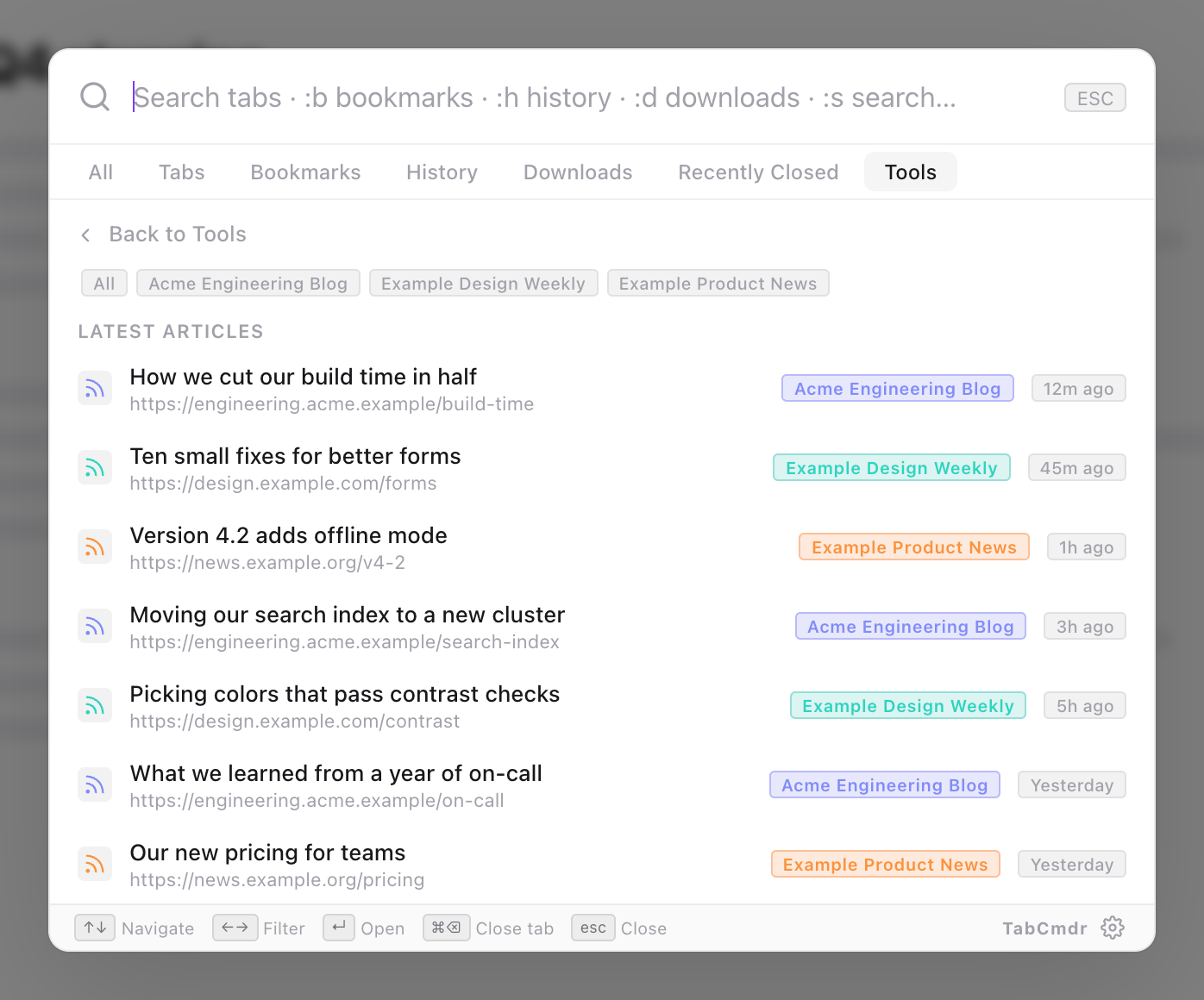 TabCmdr palette with the RSS reader open, feed filter tags at the top and articles from three feeds sorted newest first