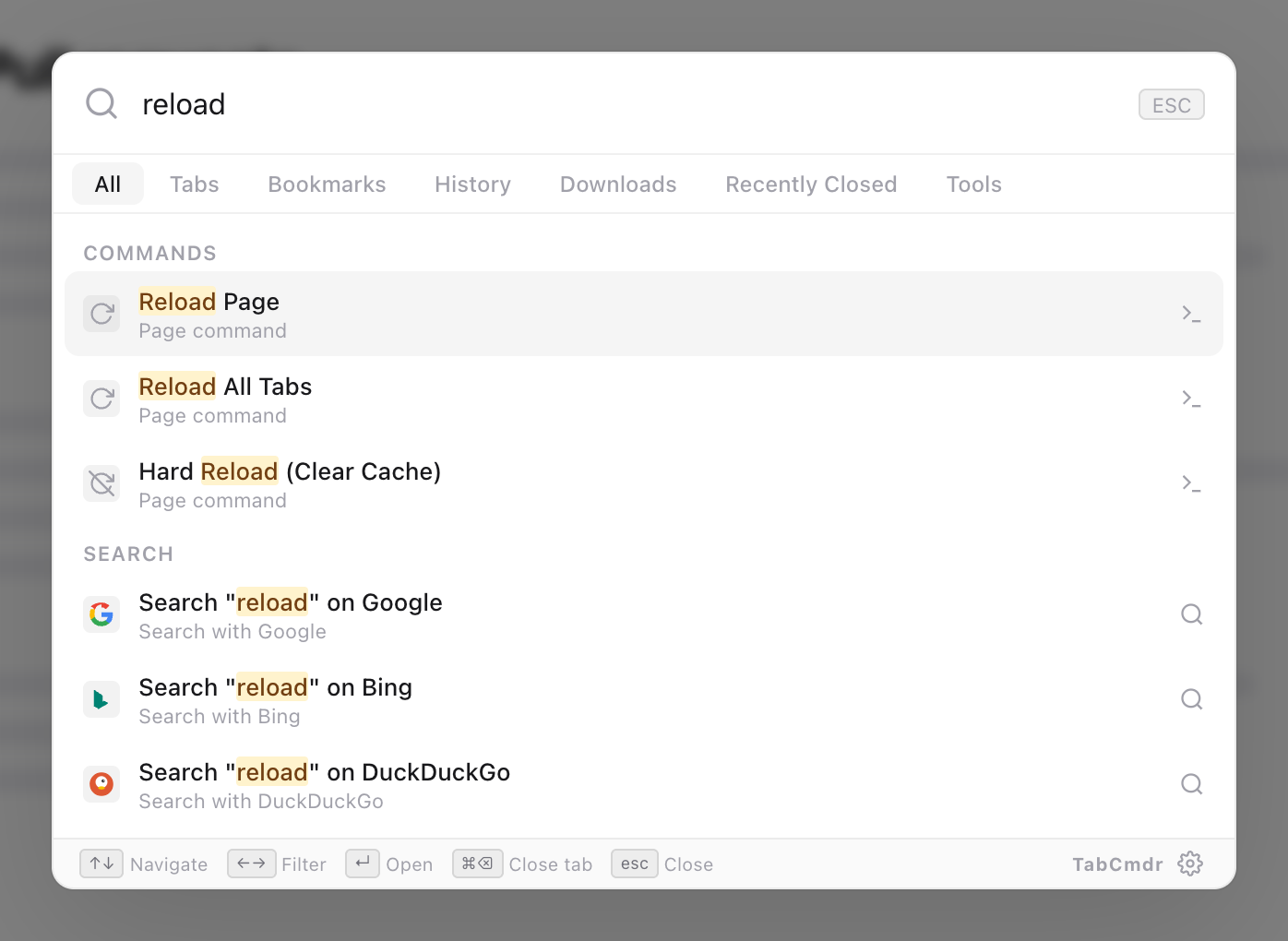 TabCmdr palette with reload typed, listing Reload Page, Reload All Tabs and Hard Reload (Clear Cache) under Commands